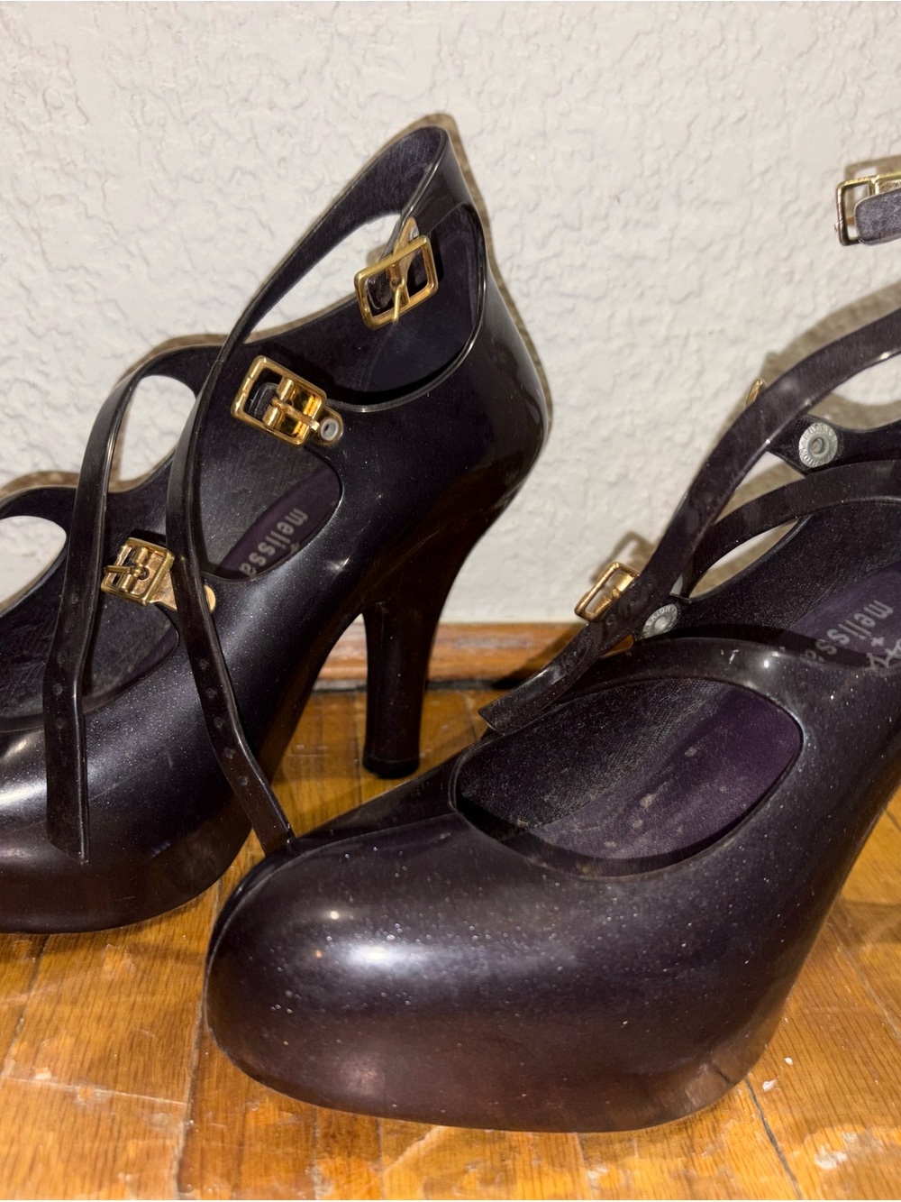 Vivienne Westwood Purple Heeled Strappy Pumps with Gold Buckles